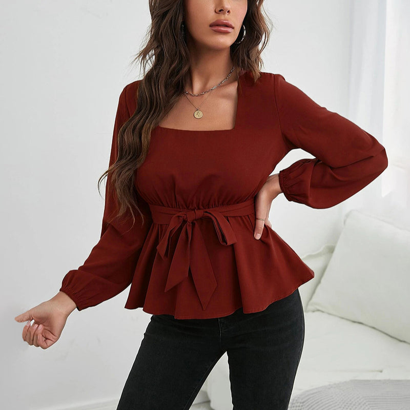 Casual Square Neck Lace-Up Long Sleeve Ruffle Blouse Wholesale Womens Long Sleeve T Shirts