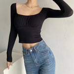 Solid Color Pleated Long Sleeve Sexy Square Neck Womens Top Wholesale Crop Tops