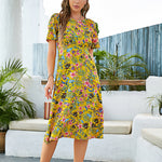 Women Fashion Floral Print Short Sleeve Backless Wholesale Beach Dresses