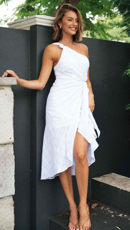 One Shoulder Sleeveless Waist Knotted Slit Midi White Dress Wholesale Dresses