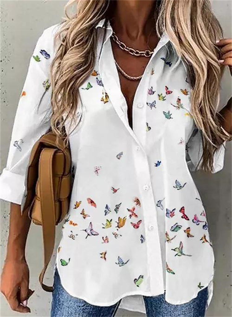 Fashion Lapel Print Tops Single-Breasted Casual Wholesale Womens Long Sleeve T Shirts