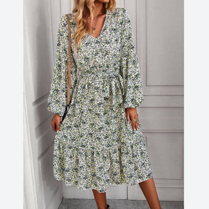 Printed V Neck Long Sleeve Tie-Up Waist Swing Dress Wholesale Dresses