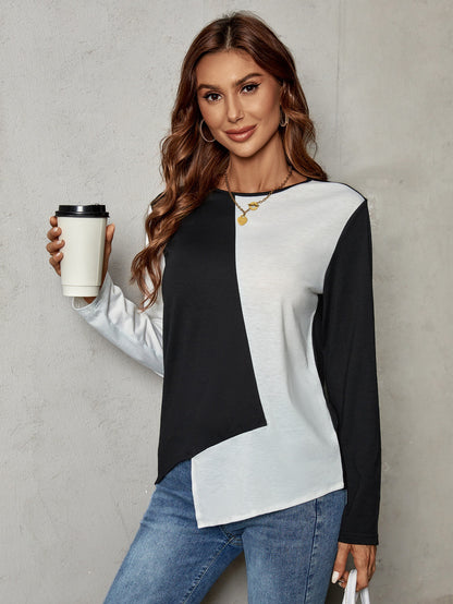 Casual U-Neck Splicing Tops Wholesale Womens Long Sleeve T Shirts