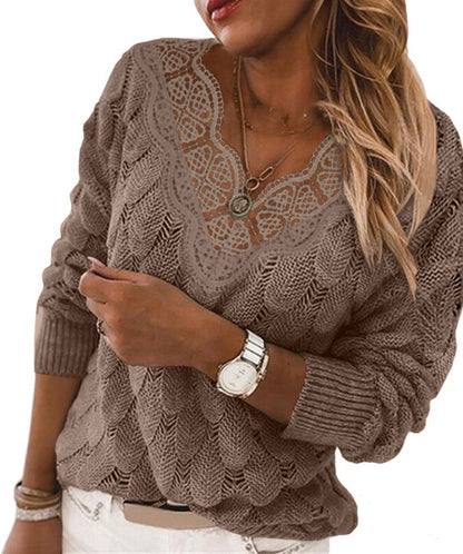 Solid Color Trendy V Neck Long Sleeve Knit Lace Womens Tops Wholesale Sweater Vendors Casual