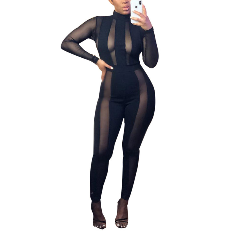 Sexy Mesh Stitching See-Through Women Jump-Suits Wholesale Jumpsuits