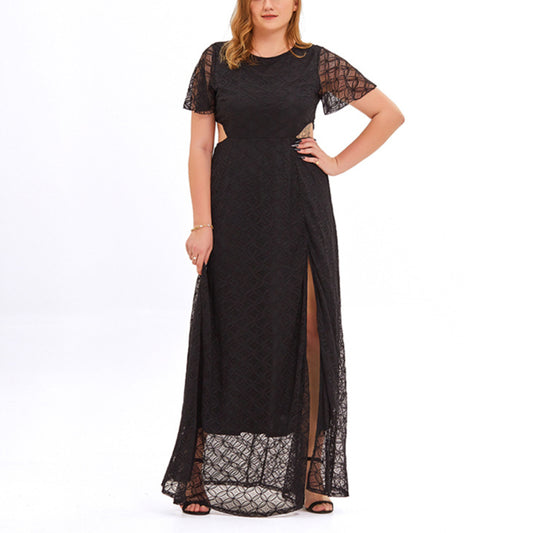 Sexy Cutout Lace Slit Maxi Dress Solid Color Short Sleeve Dresses Wholesale Plus Size Clothing