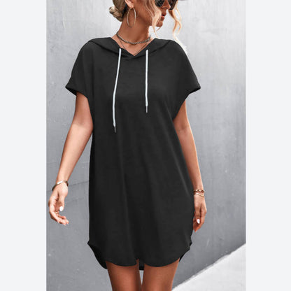 Short Sleeve Solid Color Summer Casual Hooded T Shirt Dress Wholesale