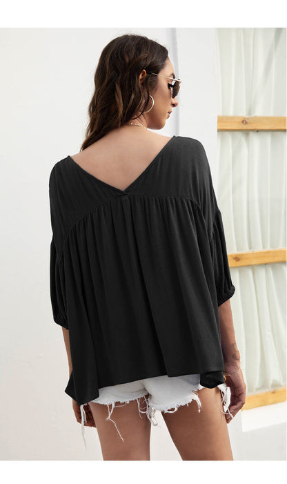 V-Neck Solid Color Lantern Sleeve Loose Pleated Womens Tops Casual Wholesale T Shirts