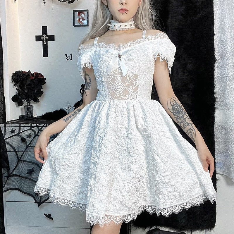 Dark Gothic One-Neck Lace Stitching See-Through Princess Dress Wholesale Dresses