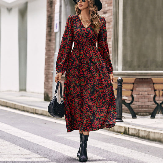 Long Sleeve V Neck Floral Printed A-Line Dress Wholesale Dresses