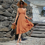 Solid Color Fashion High Waist Slanted Shoulder Smocked Dress Midi Casual Wholesale Dresses