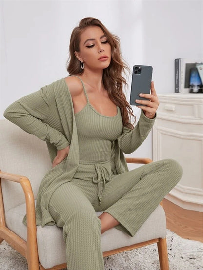 Soft Waffle-Knit Sling Tops & Trousers Pajama 3pcs Sets Women'S Loungewear Wholesale Vendors