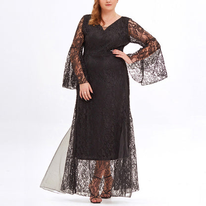 Elegant Lace Mesh Midi Dress V-Neck Long Sleeves Dresses Wholesale Plus Size Clothing