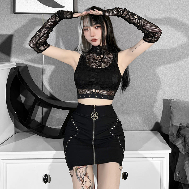 Dark Style Sexy Perspective Mesh Sleeve Lace Skull Print Crop Tops With Gloves Wholesale Womens 2 Piece Sets