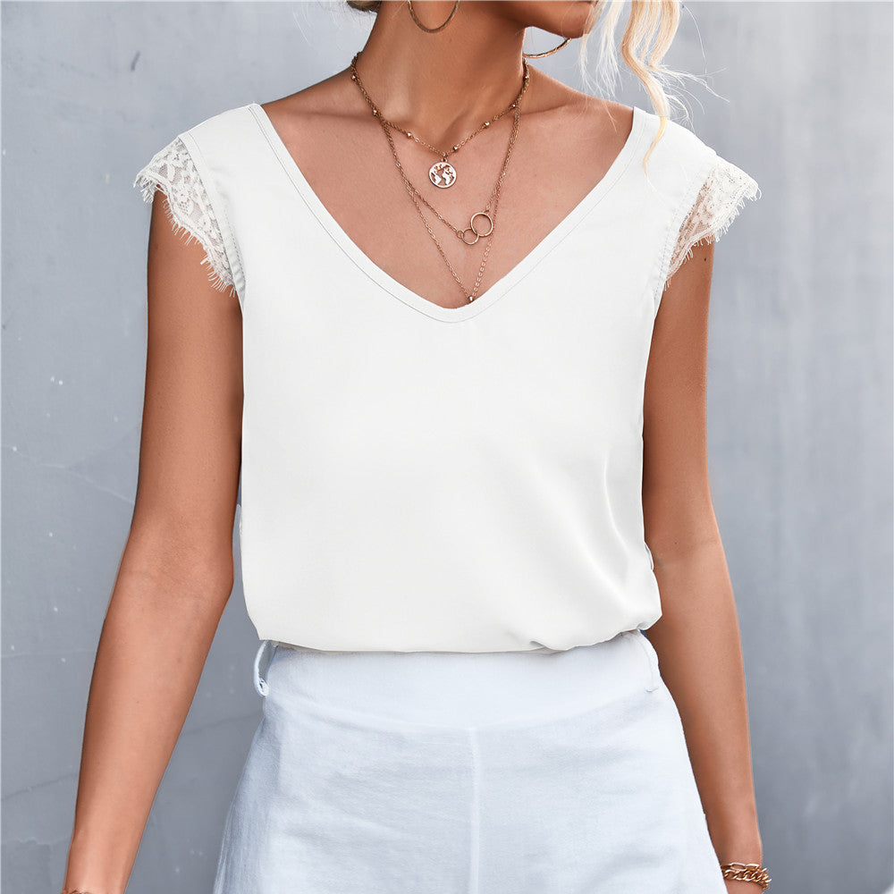 Sexy V-Neck Tops Solid Color Lace Splicing Casual Sleeveless Womens T Shirts Wholesale