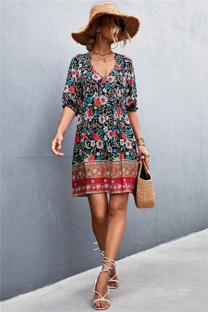 Boho Style Print Puff Sleeve V Neck Resort Dresses Sexy Wholesae Bohemian Dress For Women