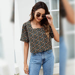 Printed Summer Short Sleeve Womens Loose Pullover Square Neck Casual Wholesale Crop Tops