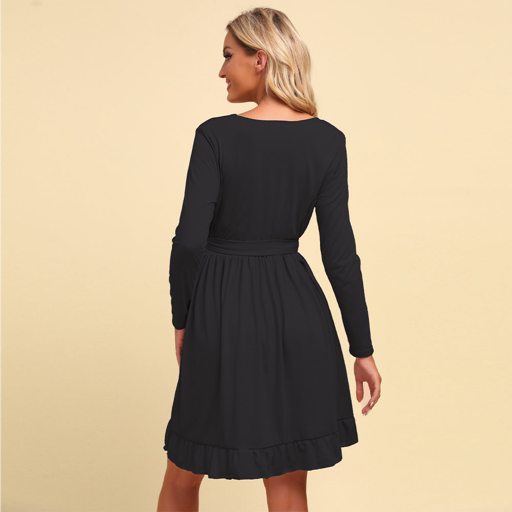 Solid Color Long Sleeve V Neck Tie Waist Wholesale Swing Dresses