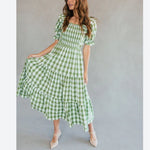 Plaid & Floral Print Square Neck Lantern Short Sleeve Ruffle Smocked Dress Casual Wholesale Maxi Dresses