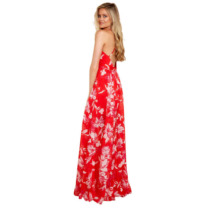 Fashion Print Deep V Neck Open Back Chiffon Beach Sling Wide Swing Dress Sexy Wholesale Maxi Dresses