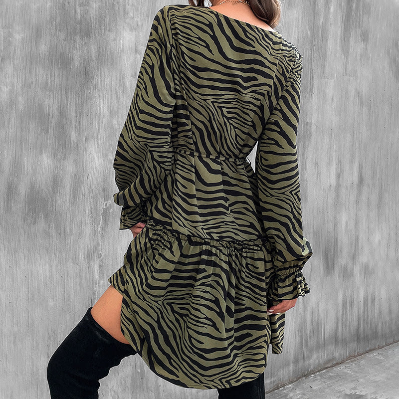 Round Neck Long Sleeve High Waist Zebra Print Ladies Mini Dress Wholesale Women Clothing