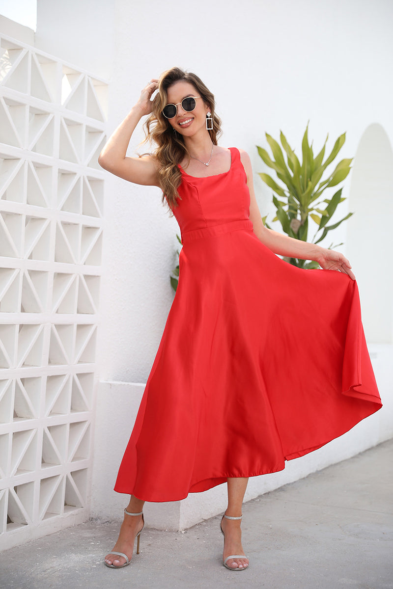 Plain Color Strappy Sleeveless Big Swing Wholesale Red Dresses for Women Summer
