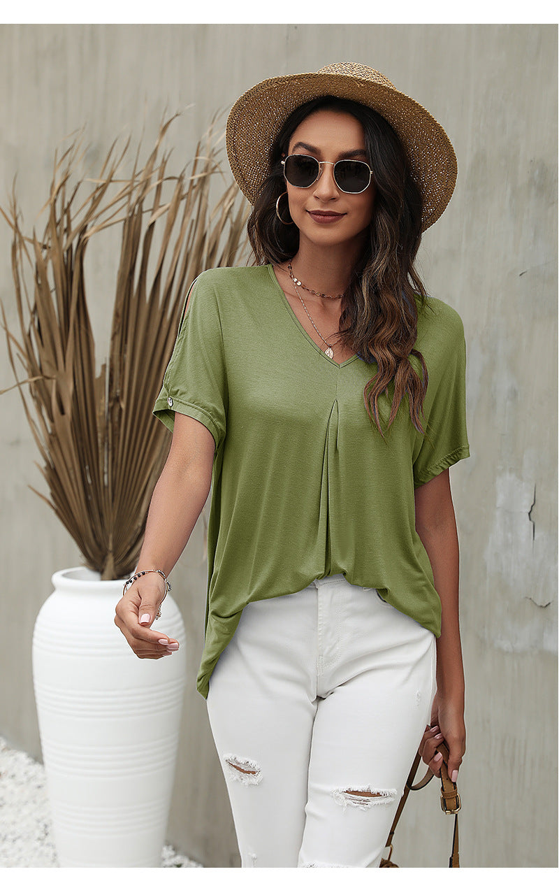 Solid Color Short Sleeve V Neck Wholesale T-shirts For Women Summer