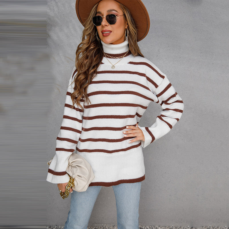 Knitted Pullover Turtleneck Commuter Striped Slit Sweater Wholesale Women Top