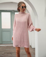 Knitted Raglan Sleeve Half Turtleneck Loose Solid Color Mid-Length Sweater Dress Wholesale Dresses