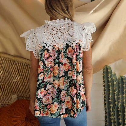 Lace Crochet Floral Print Cap Sleeve Wholesale Blouses For Women