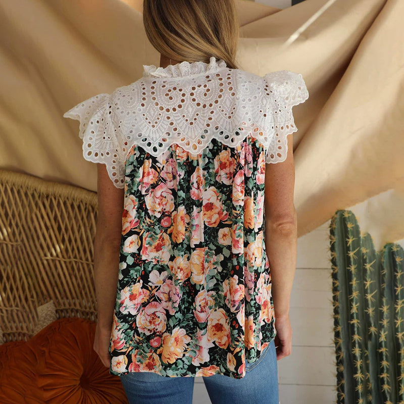Lace Crochet Floral Print Cap Sleeve Wholesale Blouses For Women