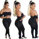 Solid Color Sexy Off Shoulder Tube Tops & Tight Pleated Pants Womens Wholesale Two Piece Sets