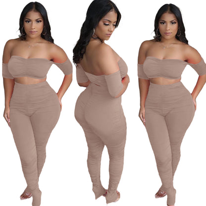 Solid Color Sexy Off Shoulder Tube Tops & Tight Pleated Pants Womens Wholesale Two Piece Sets