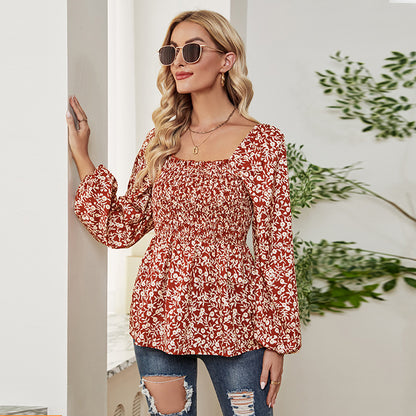 Casual Square Neck Chiffon Printed Tops High Waist Wholesale Womens Long Sleeve T Shirts