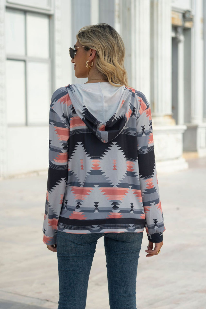 Geometric Print Long Sleeve Loose Pocket Sweatshirt Wholesale Jackets