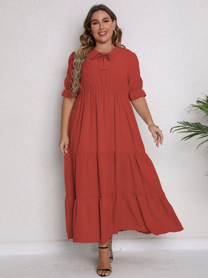 Solid Color Puff Sleeve Casual Smocked Curvy Dresses Wholesale Plus Size Clothing