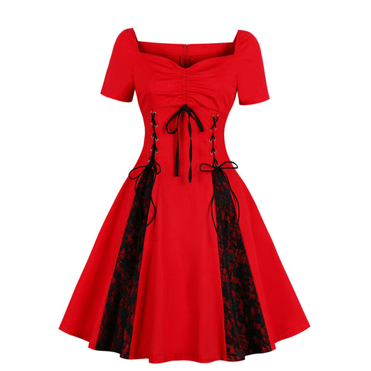 Gothic Sexy Lace Off-Shoulder Swing Dress Lace-Up Short Sleeve Wholesale Dresses