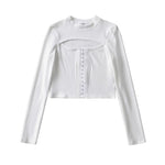 Hollow Sexy Long-Sleeved Round Neck Button-Down Solid Color Blouses Wholesale Women Top