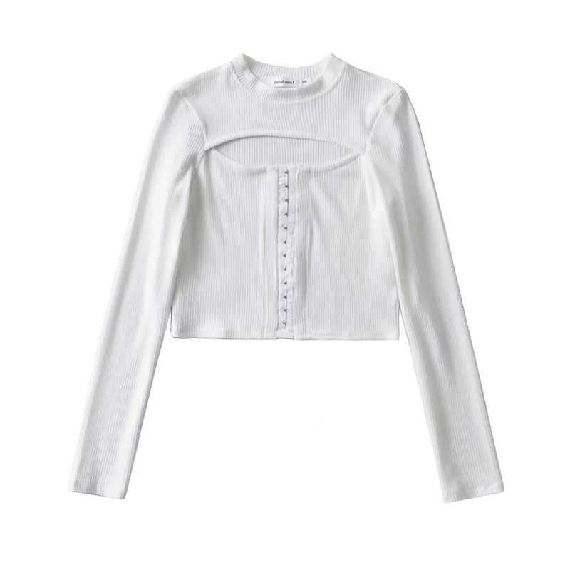 Hollow Sexy Long-Sleeved Round Neck Button-Down Solid Color Blouses Wholesale Women Top