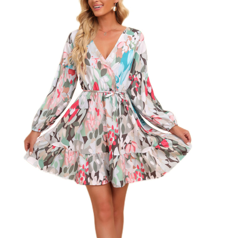 Sexy V-Neck Lace-Up Floral Dress Long Sleeve Wholesale Dresses