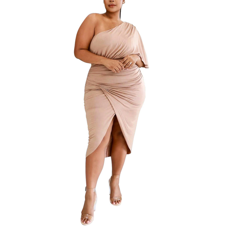 One Shoulder Solid Color Slim Sexy Women Curvy Wrap Dresses Wholesale Plus Size Clothing