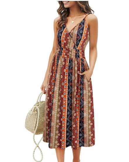 Printed Sling Dress Loose Beach Midi Dress With Pocket Casual Vacation Wholesale Dresses V Neck