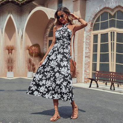 Floral Print Halterneck Sleeveless Wholesale Swing Dresses