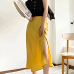 Solid Color High Waist Single Breasted Slit Slim Business Casual Women A-Line Satin Skirts Wholesale