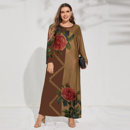 Retro Color Matching Print Maxi Dress Loose Long Sleeve Plus Size Wholesale Dresses