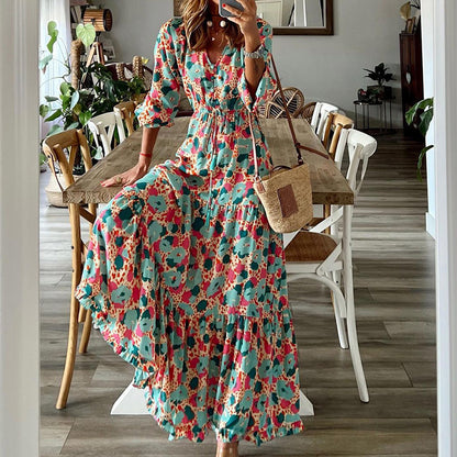 Printed Loose V-Neck Casual Smocked Dress Wholesale Maxi Dresses