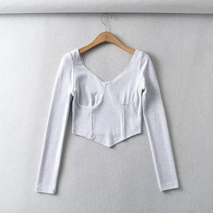 Square Neckline Low Cut Long Sleeves Triangular Hem Slim Fit Crop Top Wholesale Women Top