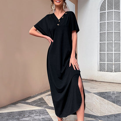 Solid Color Pullover Black Button Slit Design Loose Causal T Shirt Dress Wholesale Maxi Dresses