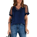 Mesh Short Sleeve Polka Dot Print Lace V-Neck Pullover Womens Tops Wholesale T Shirts