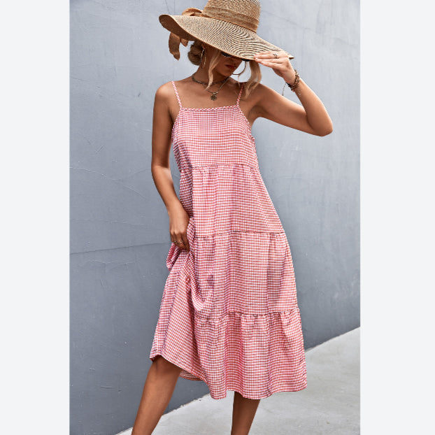 Plaid Sling Smocked Midi Dress Casual Vacation Wholesale Dresses